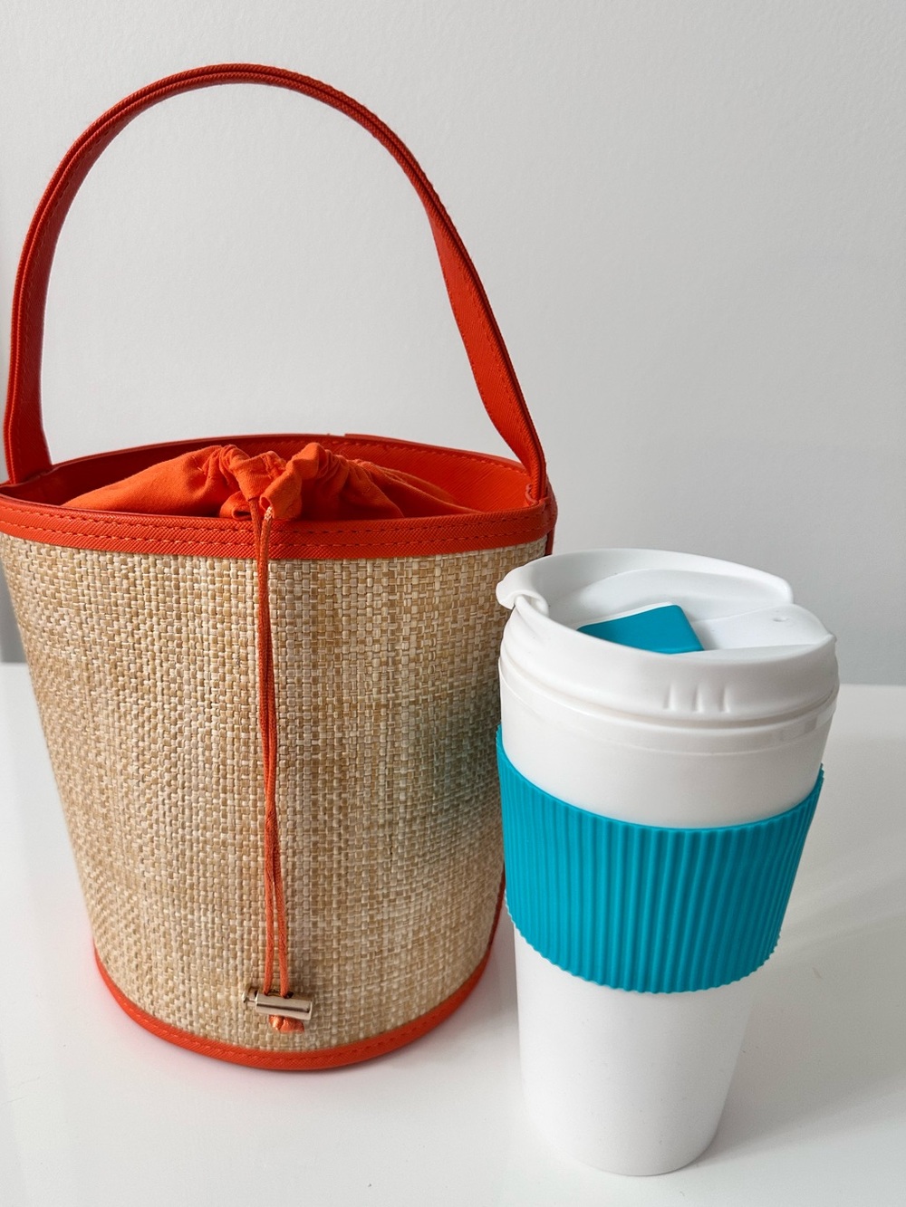 Neiman Marcus raffia bag with tumbler summer resort bag
